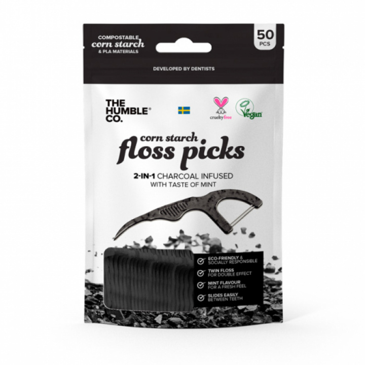 The Humble Co Dental Floss Charcoal Picks 50 st i gruppen MUNVÅRD / Tandtråd & Tandpetare hos Tandshopen.se ZupperWorld AB (118872)